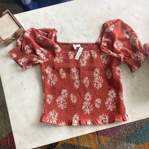 Madewell smocked puff sleeve orange floral blouse